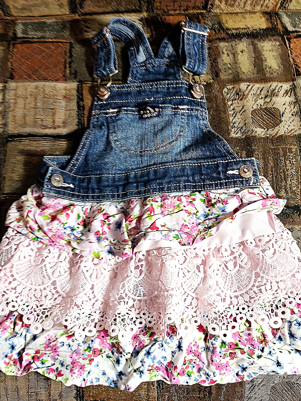 Jordache Denim Overall Dress with Pink Floral & Lace Skirt